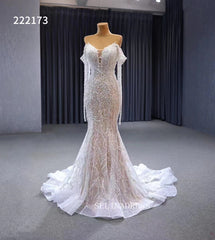 Luxury Mermaid Long Sleeve White Wedding Dress Beaded Bridal Gowns 222173|Selinadress