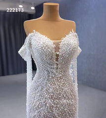 Luxury Mermaid Long Sleeve White Wedding Dress Beaded Bridal Gowns 222173|Selinadress