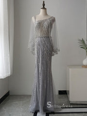 Luxury Mermaid Straps Long Sleeve Silver Sparkly Long Prom Dresses Evening Dresses ASB025