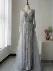 Luxury V neck Long Sleeve Prom Dress Elegant Evening Dress Formal Gown SC098