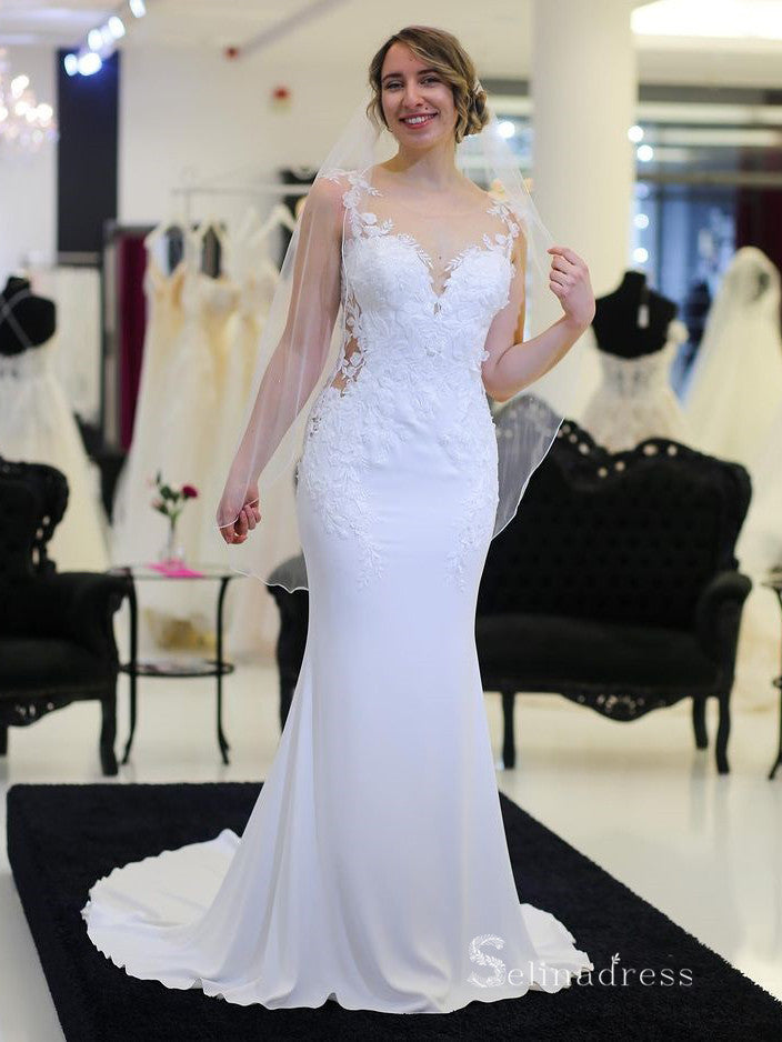 Memriad Scoop See Through Rustic Wedding Dress Embroidery Lace White Wedding Gown RYU014|Selinadress