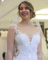 Memriad Scoop See Through Rustic Wedding Dress Embroidery Lace White Wedding Gown RYU014|Selinadress