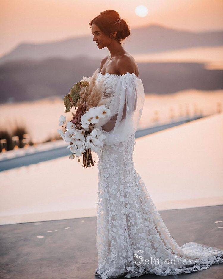 Mermaid 3D Lace Strapless Long Sleeve Rustic Wedding Dress Modest Wedd –  SELINADRESS