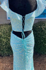 Mermaid Baby Blue Sequins Prom Dress Lace-up Prom Gown #QWE011|Selinadress