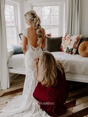 Mermaid Beach Lace Wedding Dresse Cap Sleeve Backless Custom Wedding Dress GRDK005|Selinadress