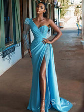 Mermaid Blue One Shoulder Long Sleeve Prom Dresses Beaded Evening Dresses MLH1218|Selinadress