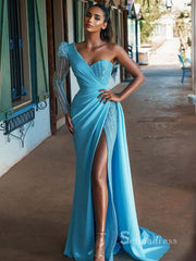 Mermaid Blue One Shoulder Long Sleeve Prom Dresses Beaded Evening Dresses MLH1218|Selinadress