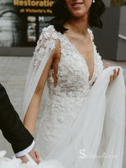 Mermaid Deep V neck 3D Lace Wedding Dresses Rustic Bridal Gowns MHL2853|Selinadress