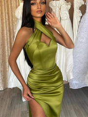 Mermaid Halter Sage Prom Dress Split Satin Long Evening Gowns Formal Dress #POL032|Selinadress