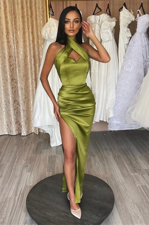 Mermaid Halter Sage Prom Dress Split Satin Long Evening Gowns Formal Dress #POL032|Selinadress