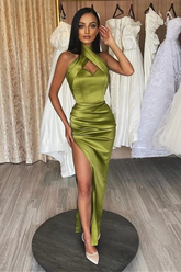 Mermaid Halter Sage Prom Dress Split Satin Long Evening Gowns Formal Dress #POL032|Selinadress