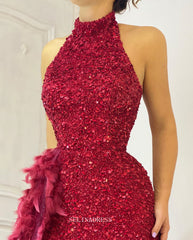 Mermaid High Neck Burgundy African Prom Dress Sequins Feather Long Evening Gowns Formal Dress #POL118|Selinadress