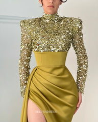 Mermaid High Neck Mustard Yellow African Prom Dress Sequins Long Evening Gowns Formal Dress #POL121|Selinadress