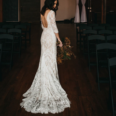 Mermaid Lace Wedding Dresse Backless Custom Wedding Dress With Sleeve GRDK011|Selinadress
