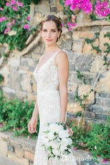 Mermaid Lace Wedding Dresses Sweep Train Open Back V neck Sexy Bridal Gown SEW039|Selinadress