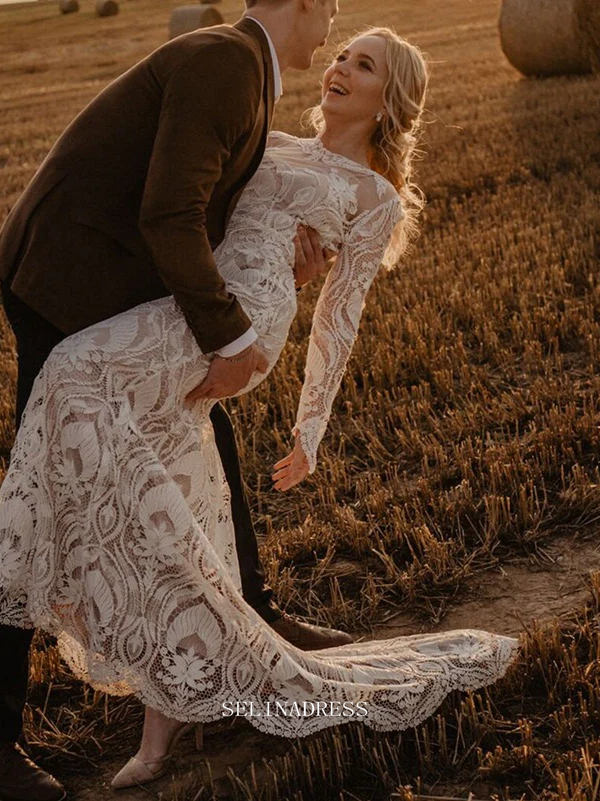 Mermaid Long Sleeve Lace Wedding Dresse Boho Custom Wedding Dress GRDK007|Selinadress