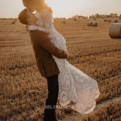 Mermaid Long Sleeve Lace Wedding Dresse Boho Custom Wedding Dress GRDK007|Selinadress