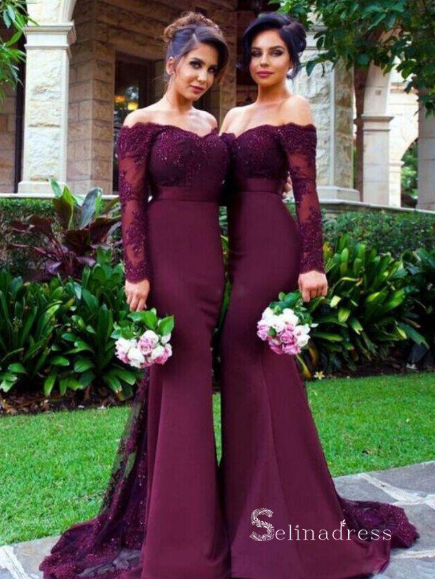 Mermaid Off-Shoulder Long Sleeve Bridesmaid Dress Burgundy Lace Bridesmaid Dress BRD002|Selinadress