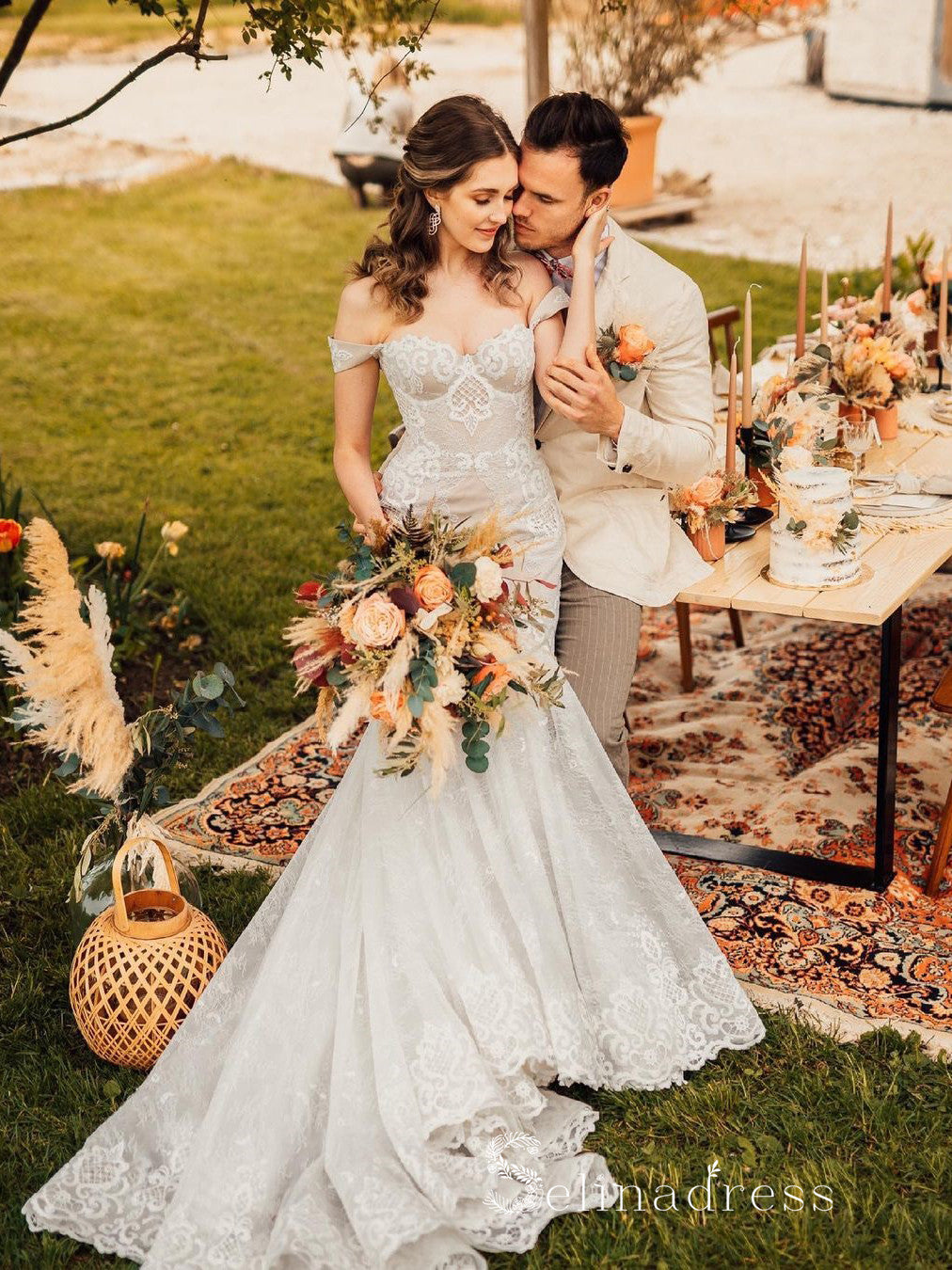 Mermaid Off-the-sholulder Lace Wedding Dresses Rustic Bridal Gowns MHL1700|Selinadress