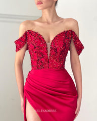 Mermaid Off the Shoulder African Prom Dress Red Sequins Long Evening Formal Dress #POL123|Selinadress