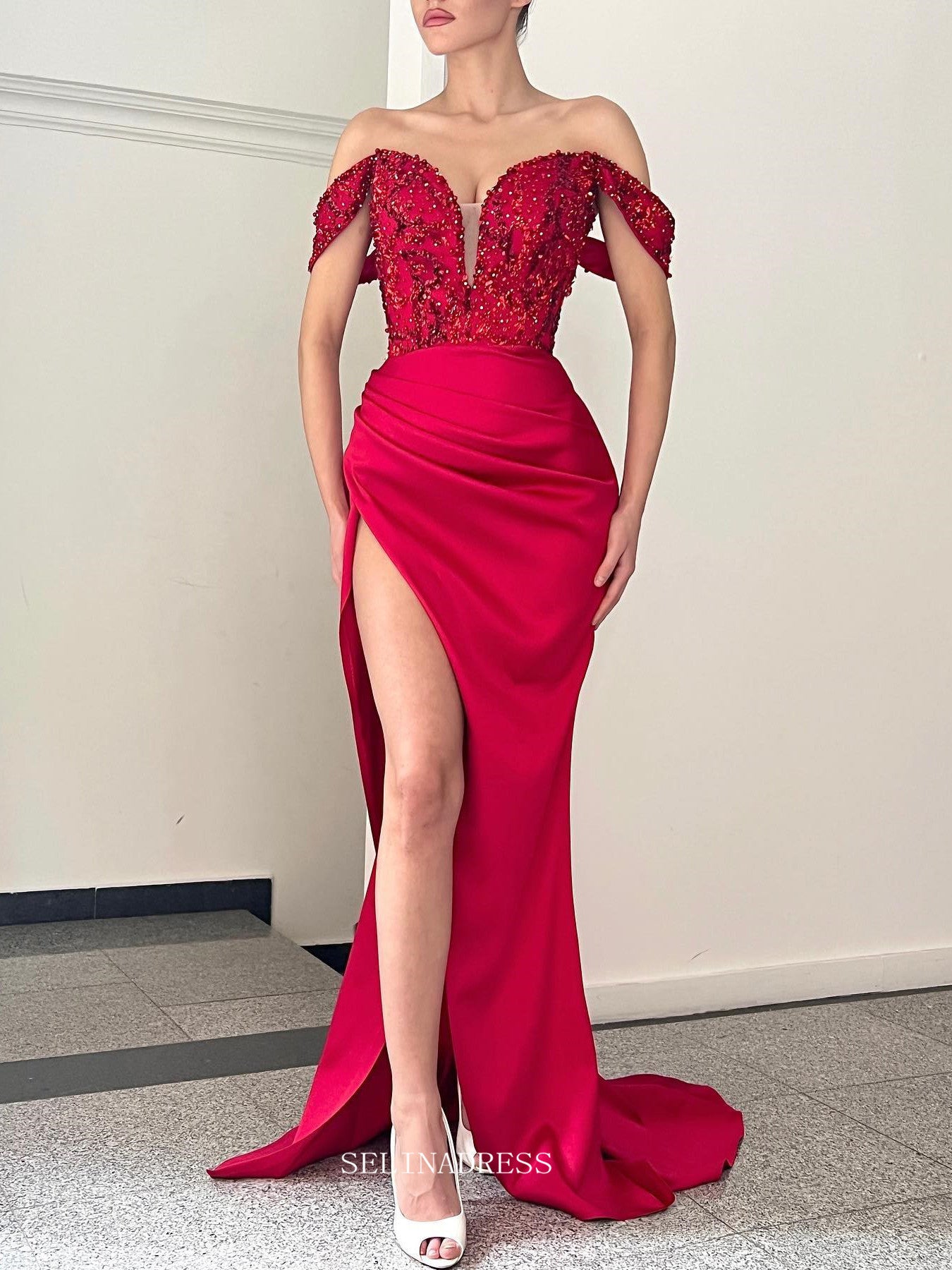 Mermaid Off the Shoulder African Prom Dress Red Sequins Long Evening Formal Dress #POL123|Selinadress
