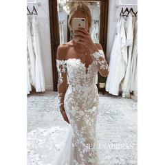 Mermaid Off-the-shoulder Applique Lace Wedding Dresses Rustic Wedding Gown Bridal Dress jkw236|Selinadress