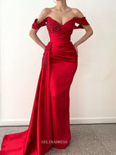 Mermaid Off the Shoulder Red Long Prom Dress Satin Evening Dresses #POL111|Selinadress