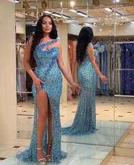 Mermaid One Shoulder Blue African Prom Dress Beaded Long Evening Gowns Formal Dress #POL033|Selinadress