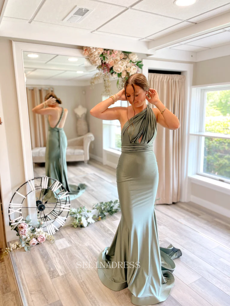 Mermaid One Shoulder Cheap Prom Dress Satin Long Formal Dresses Bridesmaid Dress KPY051|Selinadress