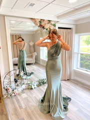Mermaid One Shoulder Cheap Prom Dress Satin Long Formal Dresses Bridesmaid Dress KPY051|Selinadress