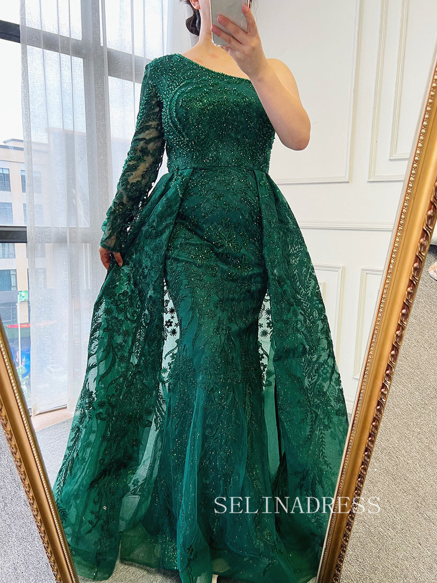 Mermaid One Shoulder Green Long Prom Dress Beaded Evening Formal