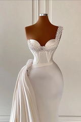 Mermaid One Shoulder Ivory African Prom Dress Beaded Ruffles Long Evening Gowns Formal Dress #POL047|Selinadress