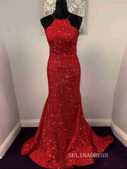 Mermaid Red Long Prom Dresses Sparkly Long Evening Dress Formal Dresses SSD013
