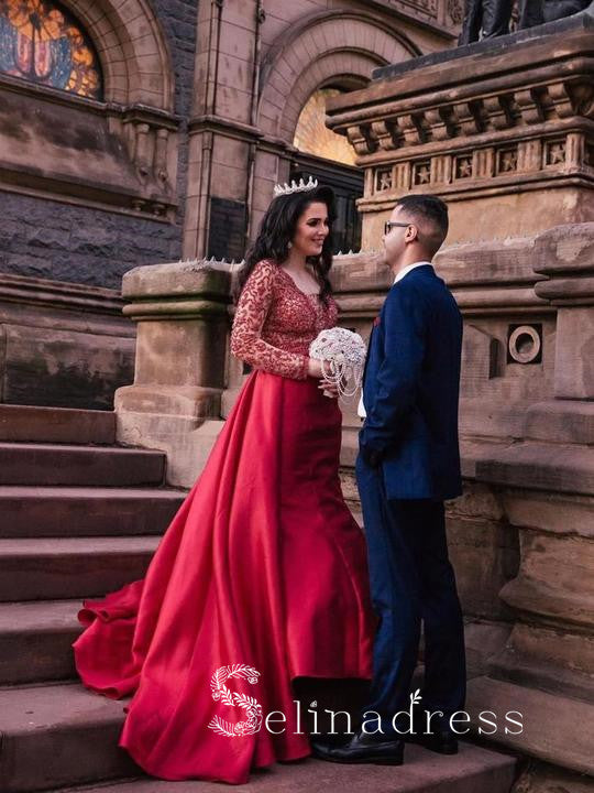 Mermaid Red Prom Dresses Long Sleeve Lace Wedding Bridal Dress Cheap Evening Gowns SED147|Selinadress