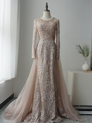 Mermaid Scoop Neck Luxury Long Sleeve Prom Dress Lace Beaded Evening Gowns GKF003|Selinadress