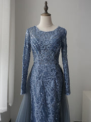 Mermaid Scoop Neck Luxury Long Sleeve Prom Dress Lace Beaded Evening Gowns GKF003|Selinadress