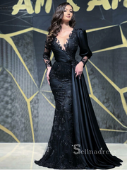 Mermaid Scoop See Through Black Long Sleeve Prom Dress Beaded Satin Evening Dresses HLK029|Selinadress