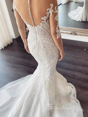 Mermaid Scoop See Through Wedding Dresses With Long Sleeve Bridal Gowns CBD393|Selinadress
