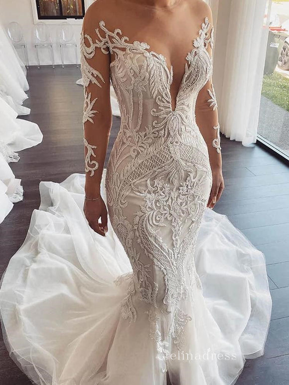 Mermaid Scoop See Through Wedding Dresses With Long Sleeve Bridal Gowns CBD393|Selinadress