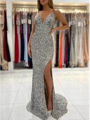 Mermaid Spaghetti Straps African Prom Dress Silver Sequins Evening Gowns #POL043