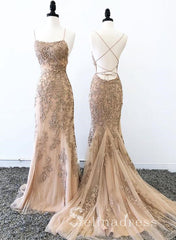 Mermaid Spaghetti Straps Lace Long Prom Dress Appliqued Backless Evening Dress SED139