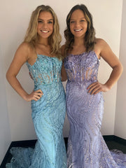 Mermaid Spaghetti Straps Lilac Prom Dress Sequins Long Evening Gowns #POL134