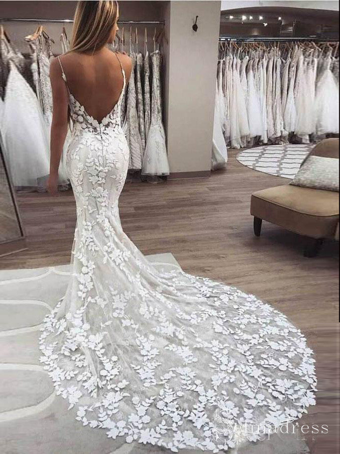 Mermaid Spaghetti Straps Open Backless Wedding Dress Lace Bridal Dress –  SELINADRESS