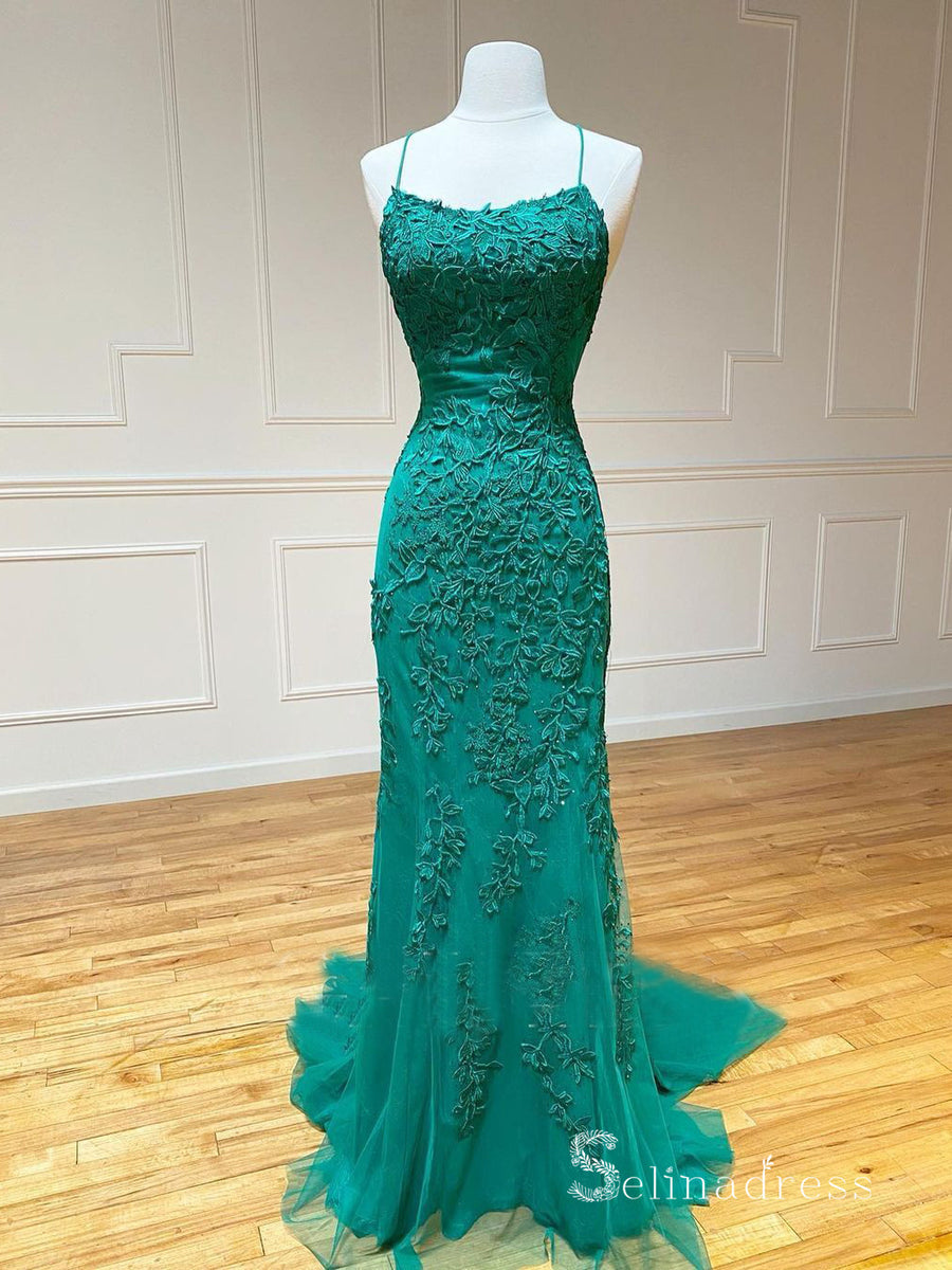 Lucille Mint Green Mermaid Spaghetti Straps Lace Prom Dress with Appliques
