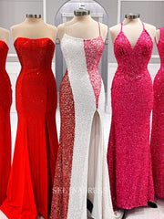 Mermaid Spaghetti Straps Sequins Long Prom Dress Modest Party Dress Evening Dress #LOP010|Selinadress