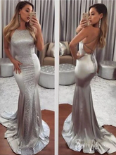 Mermaid Spaghetti Straps Silver Long Prom Dresses Sexy Evening Dress CBD540|Selinadress