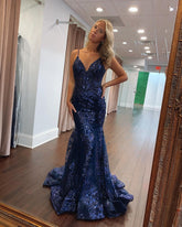 Mermaid Spaghetti Straps Sparkly Long Prom Dress Sequins Evening Dresses #JKSS11|Selinadress