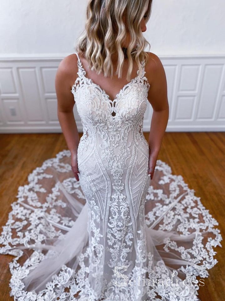 Mermaid Spaghetti Straps Vintage Lace Rustice Wedding Dresses CBD472|Selinadress