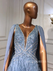 Mermaid V Neck Blue Long Prom Dress Beaded Sparkly Evening Gowns hlks019|Selinadress