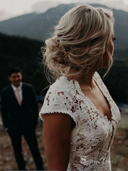 Mermaid V neck Cap Sleeve Rustic Lace Wedding Dresses Backless Bridal Gowns MHL153|Selinadress